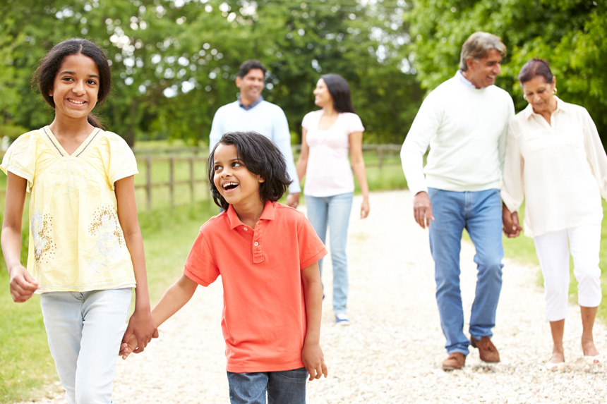 Family walking through country
